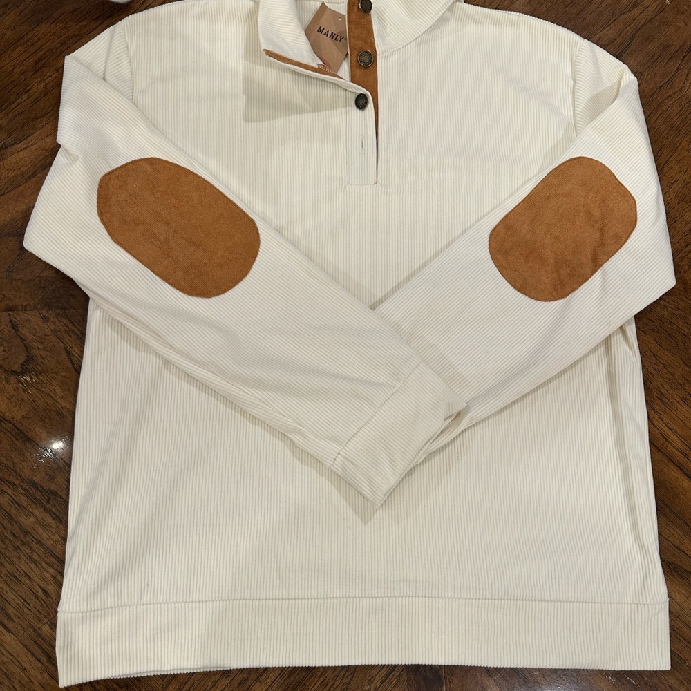 Cream Pullover with Brown Elbow Patches